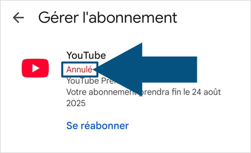 Validation de l'annulation d'un abonnement YouTube Premium depuis un smartphone