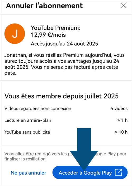Accéder à la gestion de votre abonnement Youtube sur l'application Google Play