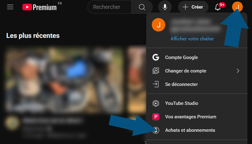Menu Achats et Abonnements dans YouTube version Web