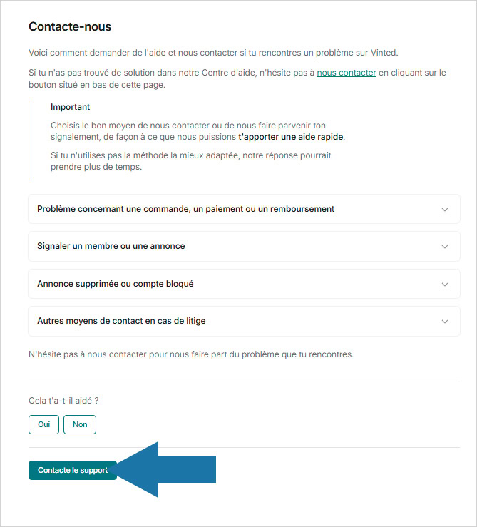 Afficher le formulaire de contact sur le site Vinted