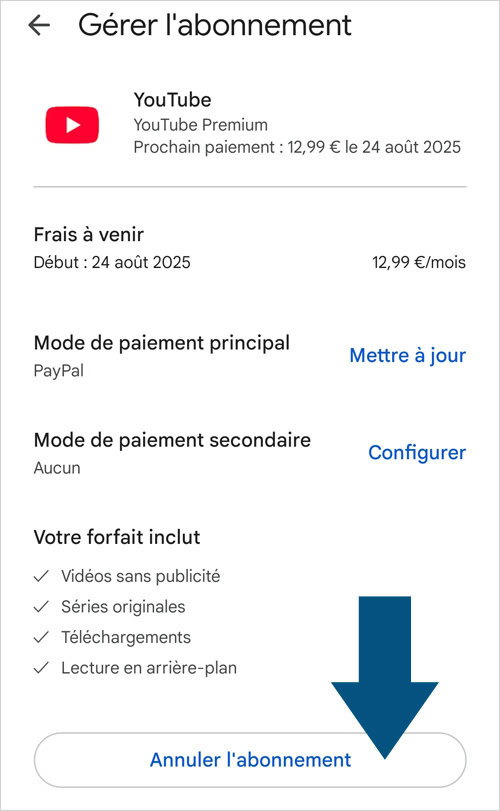 Annulez votre abonnement YouTube sur l'app Google Play