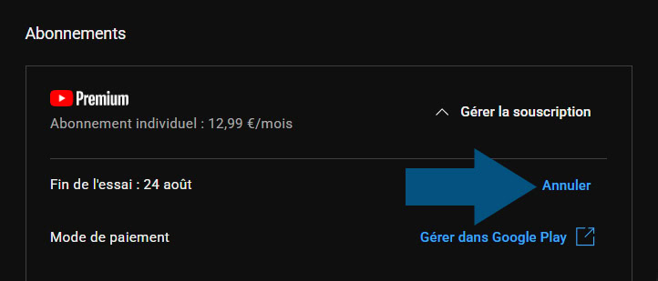 Résilier votre abonnement YouTube premium via le site web, en cliquant sur le bouton annuler