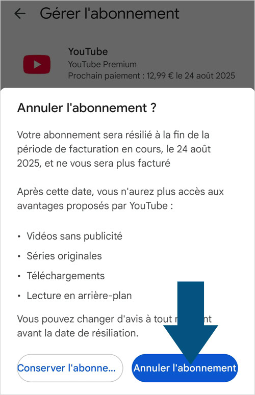 Bouton final pour annuler votre abonnement de Youtube premium depuis l'app Google Play