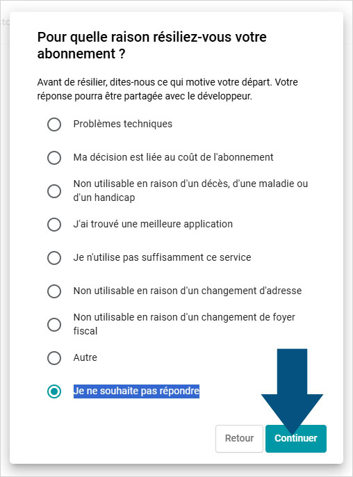 Choix de la raison de l'annulation de l'abonnement YouTube Premium (sur Play Store)