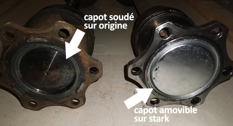 Une image qui compare l'arrière des cardans avec un capot soudé sur l'origine et amovible sur le cardan Stark
