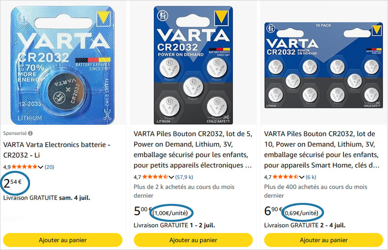 Notre top choix des piles CR2032 vendus sur Amazon sont les Varta