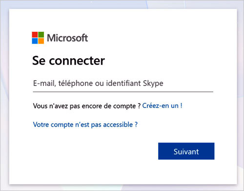 Fenêtre pour se connecter à son compte Microsoft
