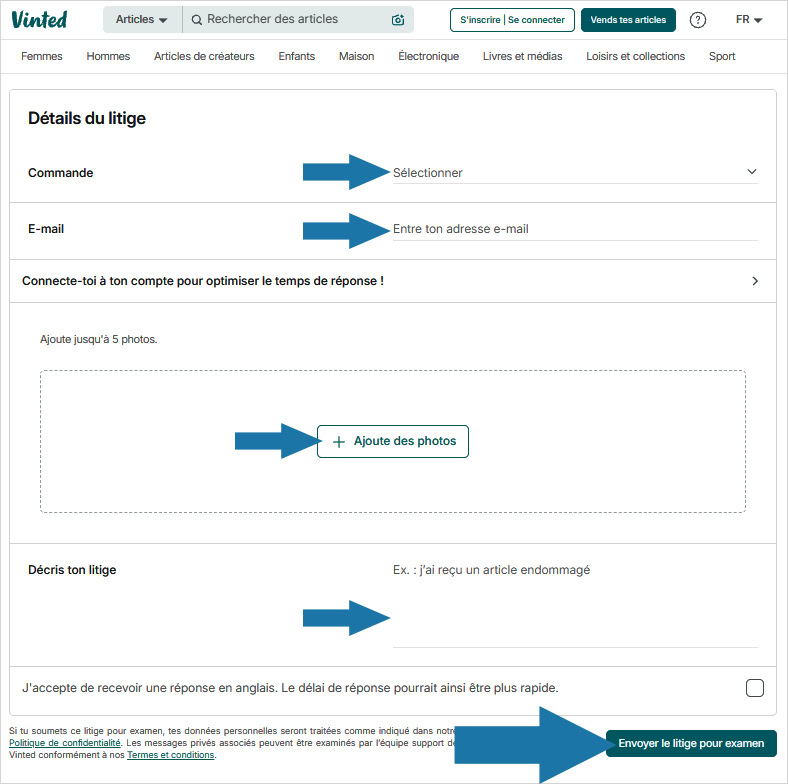 Voici le formulaire de contact Vinted