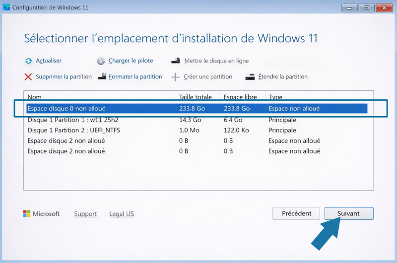 On lance l'installation de Windows quand le disque interne du mac n'a plus de partition