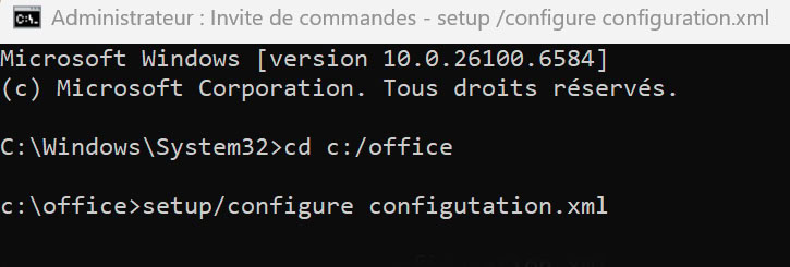 Voici les deux lignes de commande pour installer office