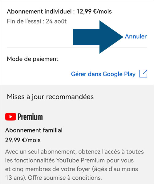 Mettre fin à l'abonnement individuel depuis l'appli Youtube, avec le bouton annuler