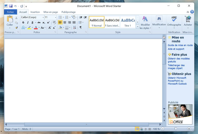 Office starter 2010 installé et lancé sur Windows 11