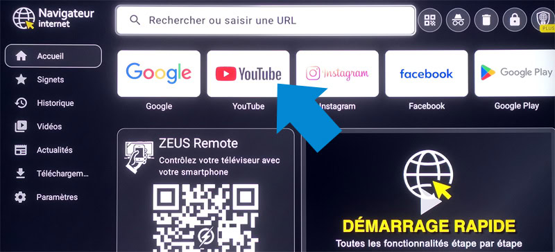 Ouvrir YouTube sans pub depuis l'app Zeus navigateur internet sur votre Android
