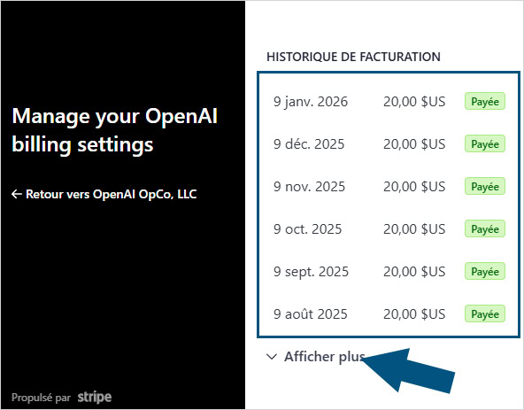 Parcourir l'ensemble de vos factures ChatGPT sur Stripe