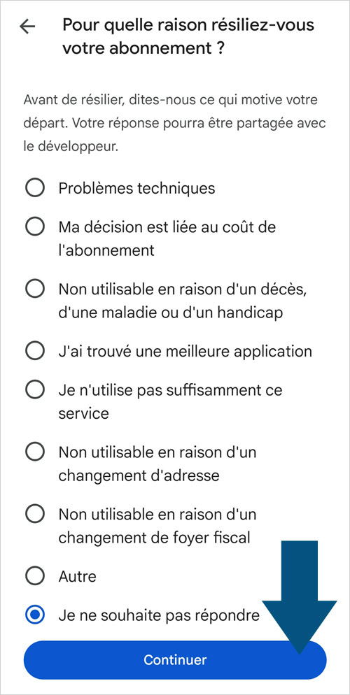 Question sur le motif de résiliation de votre abonnement YouTube sur l'application.