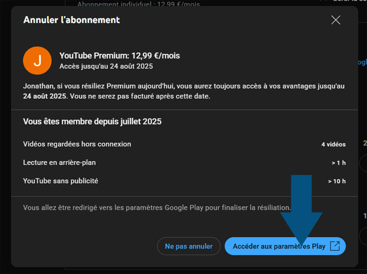 Redirection vers Google Play pour annuler l'abonnement de YouTube Premium