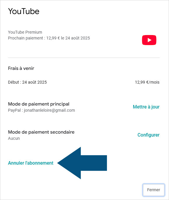 Résilier l'abonnement sur Google Play de YouTube Premium