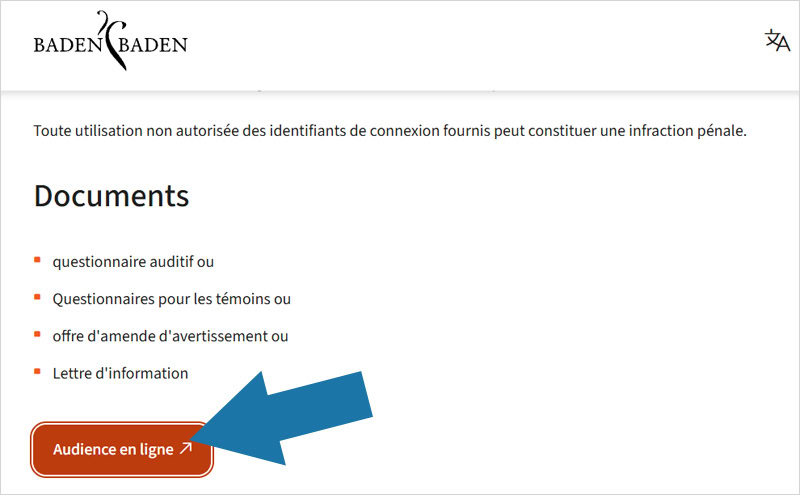 Voici une capture d'écran du site de la ville de Baden Baden pour accéder à la plateforme de paiement en ligne de l'amende allemande