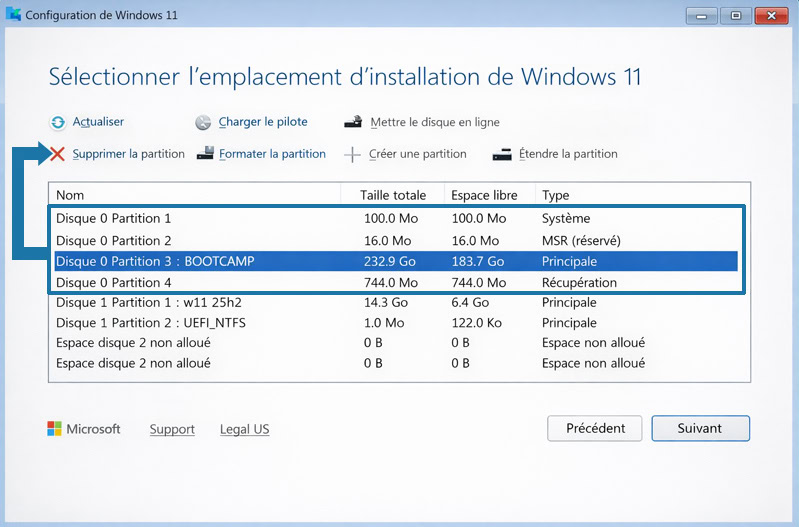 On supprime toutes les partitions du disque 0 (disque interne au mac)